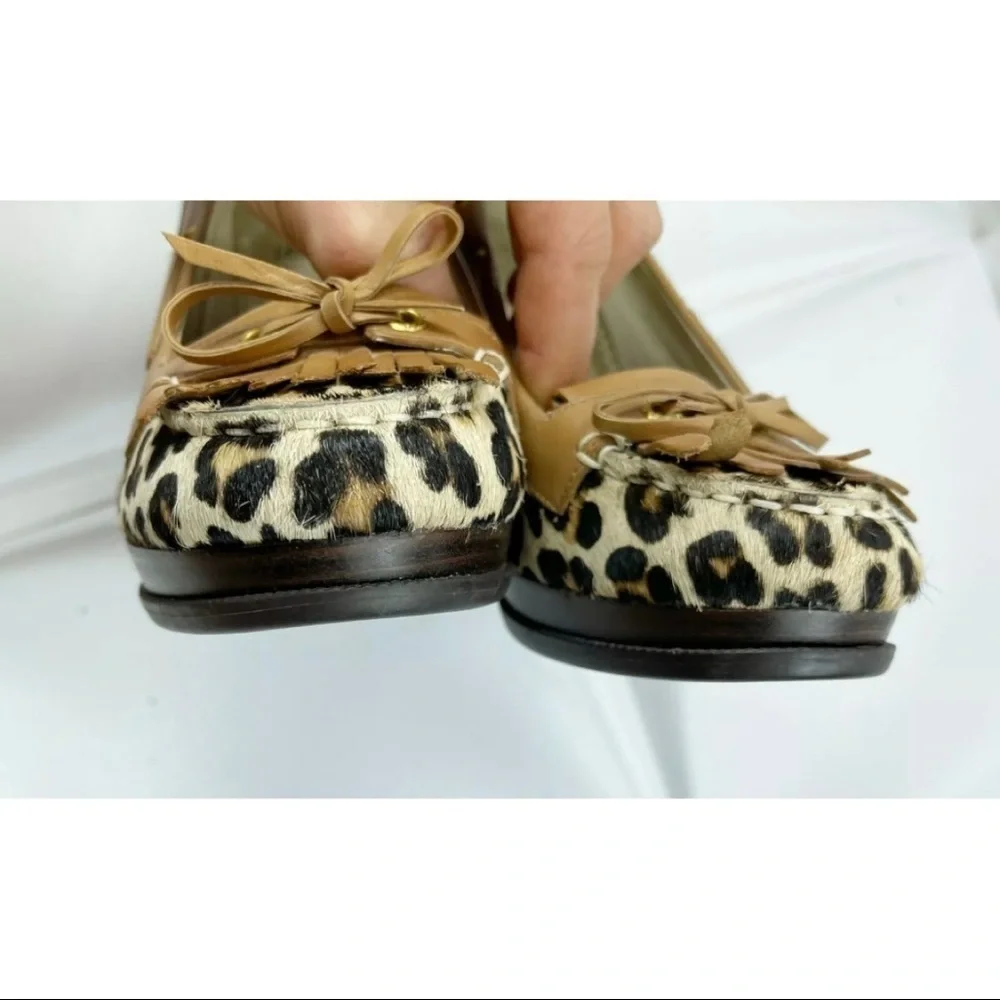 Sperry Sz 7.5 M Leopard Calf Hair Brown Leather Wedge Loafer Boat Shoe Kiltie